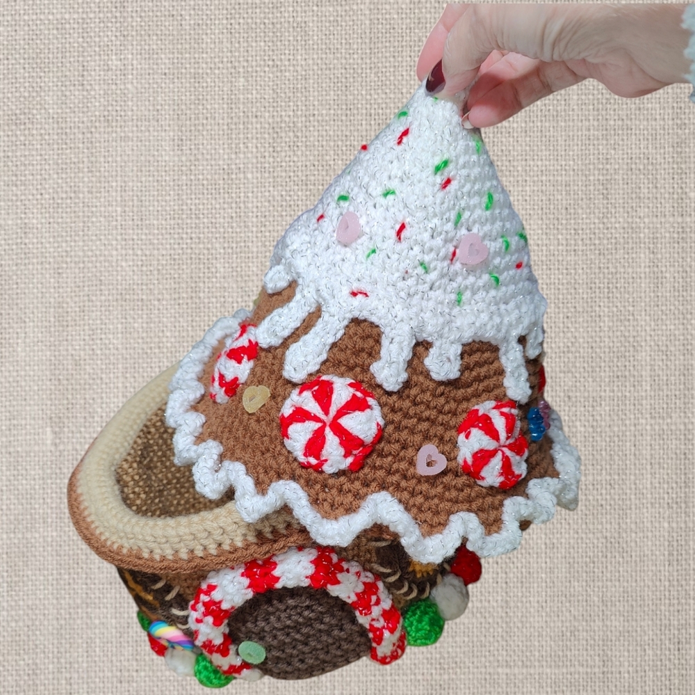 Handmade Crochet Giant Gingerbread Gnome House Basket - Picture 9 of 13